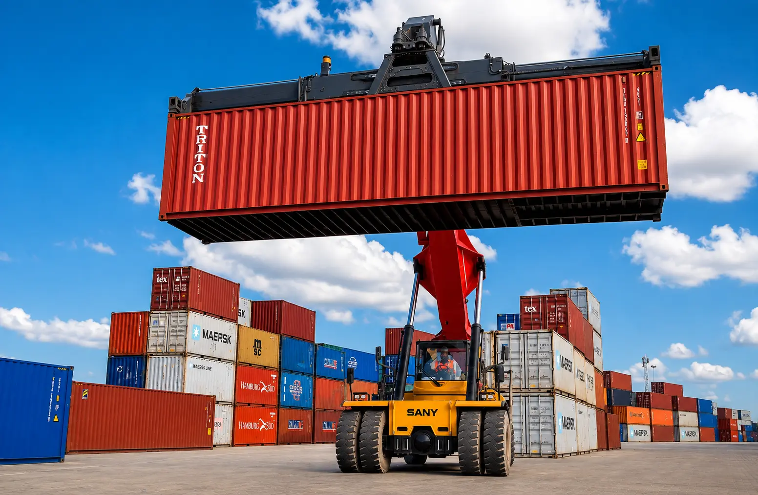 SANY reach stacker lifting a container at AFICD