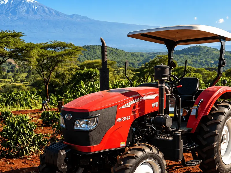 Red agricultural tractor in a cultivated landscape
