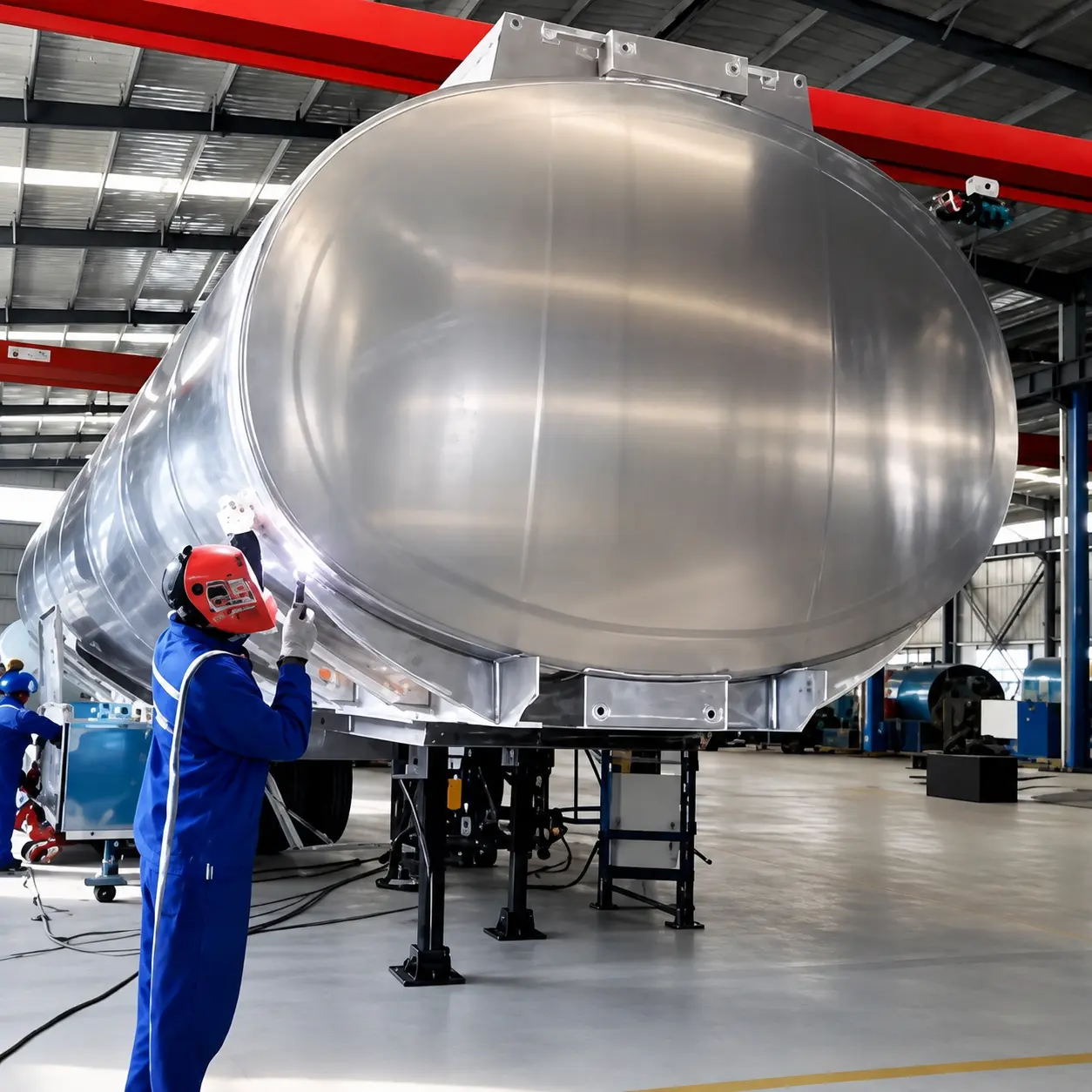 Polished aluminium tanker trailer in ATL manufacturing facility