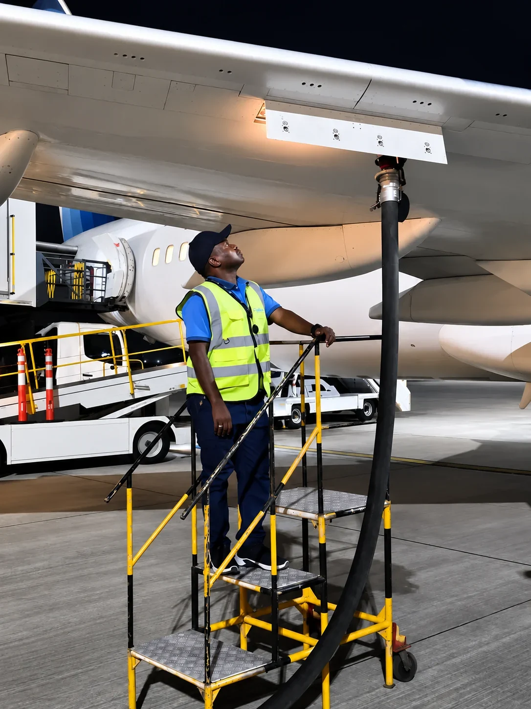 Lake Aviation technician fueling under the wing at night