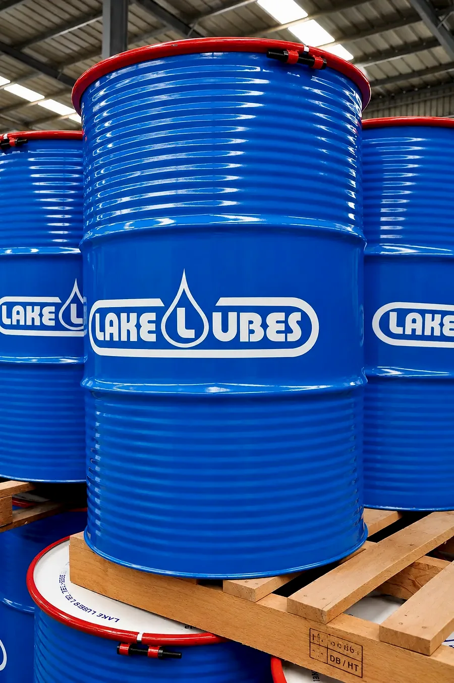 Lake Lubes branded industrial drums