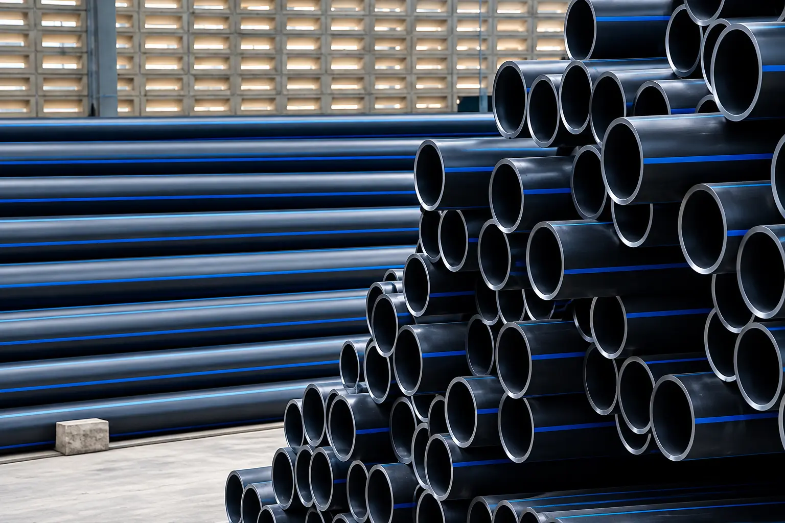 Stacked HDPE pipes in warehouse